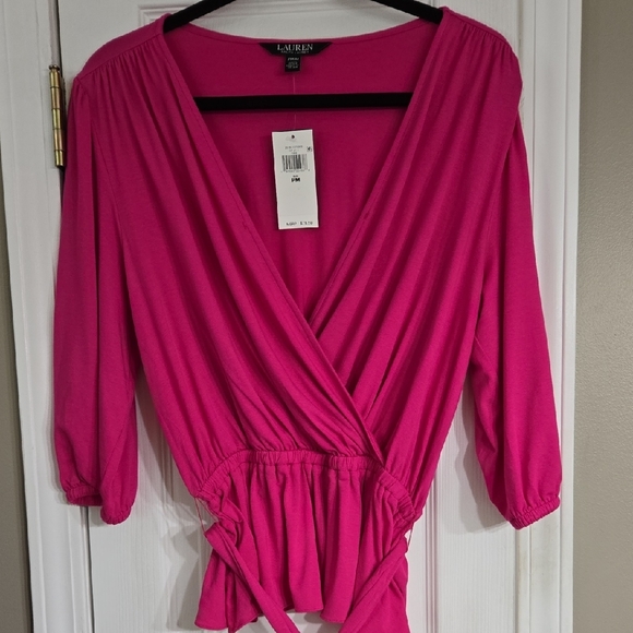 Lauren Ralph Lauren Hot Pink Faux Wrap Jersey Knit Peplum 3/4 Sleeve Top‎ - Picture 6 of 14